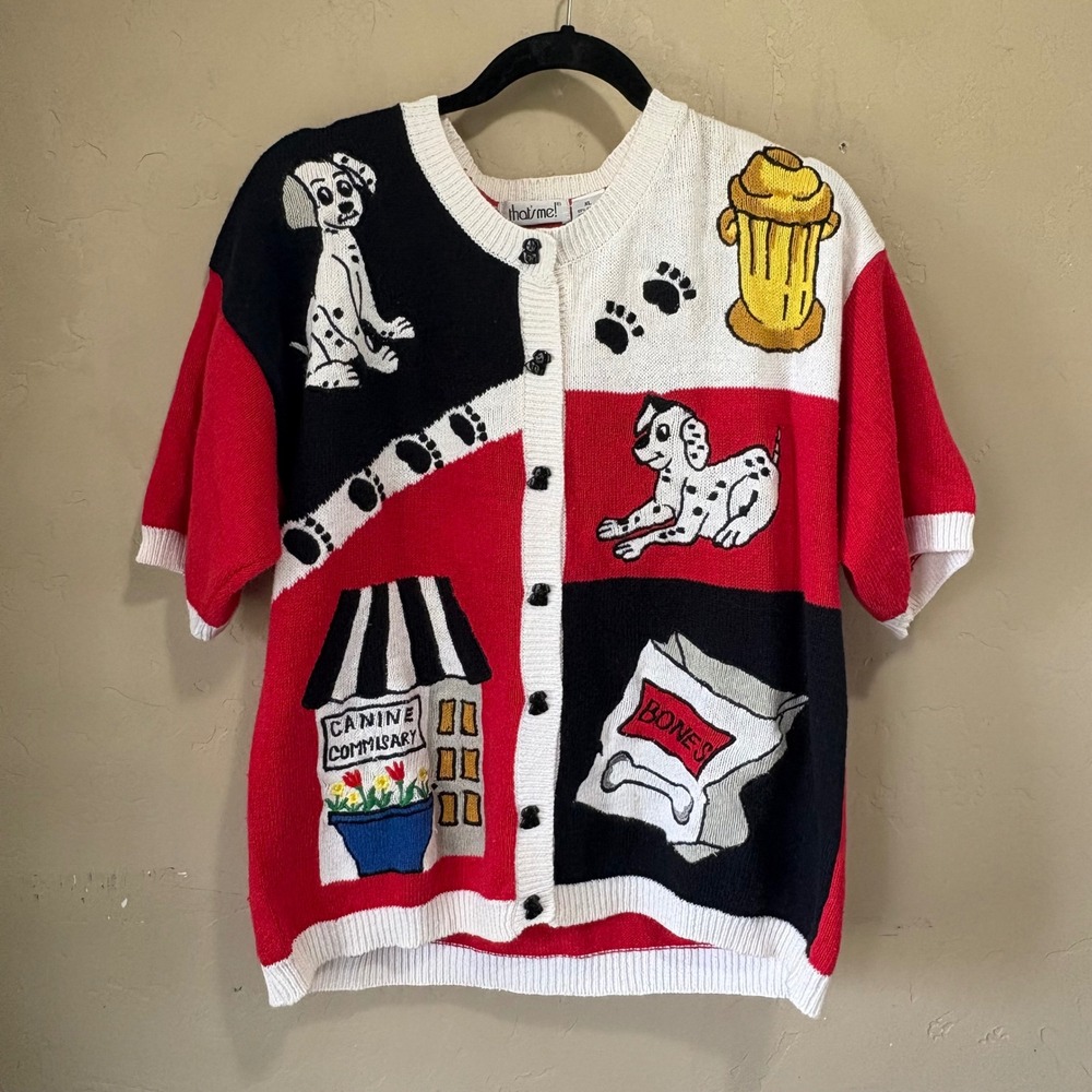 Vintage That's Me Dalmatians Dogs Button Up Cardigan Sweater XL Red White Black